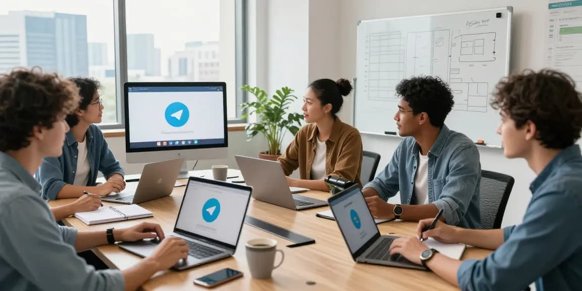 Engaged team using Telegram Web Version in a modern workspace, showcasing collaboration and productivity.