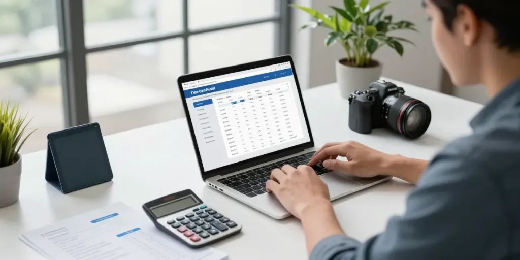 Een ondernemer die een gratis boekhoudprogramma zzp beheert op een moderne werkplek.