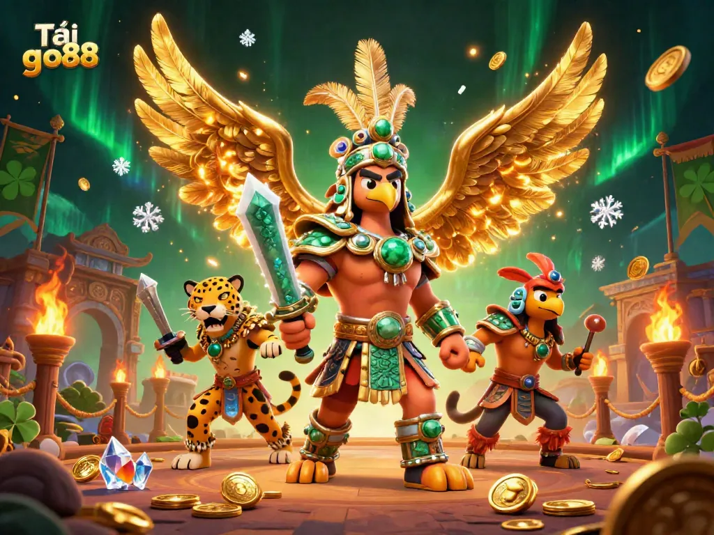Play exciting games with Tải go88 in a vibrant 3D casino-themed illustration featuring Aztec warriors and more.