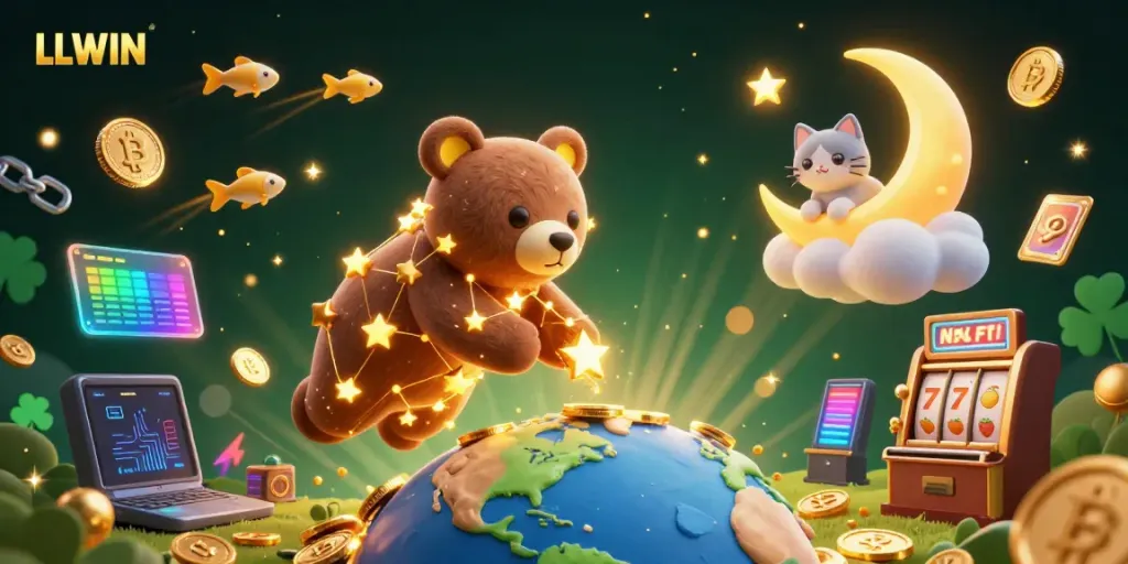 Bet big with LLWIN as the golden constellation bear sweeps up coins in a rich casino scene.
