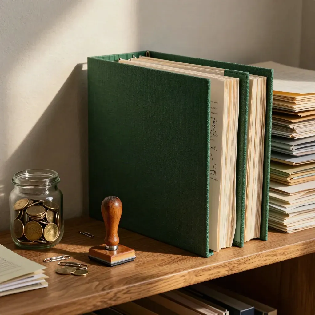 Bovenaanzicht van een ordner, stempel, paperclips en muntpot in een archiefhoek.