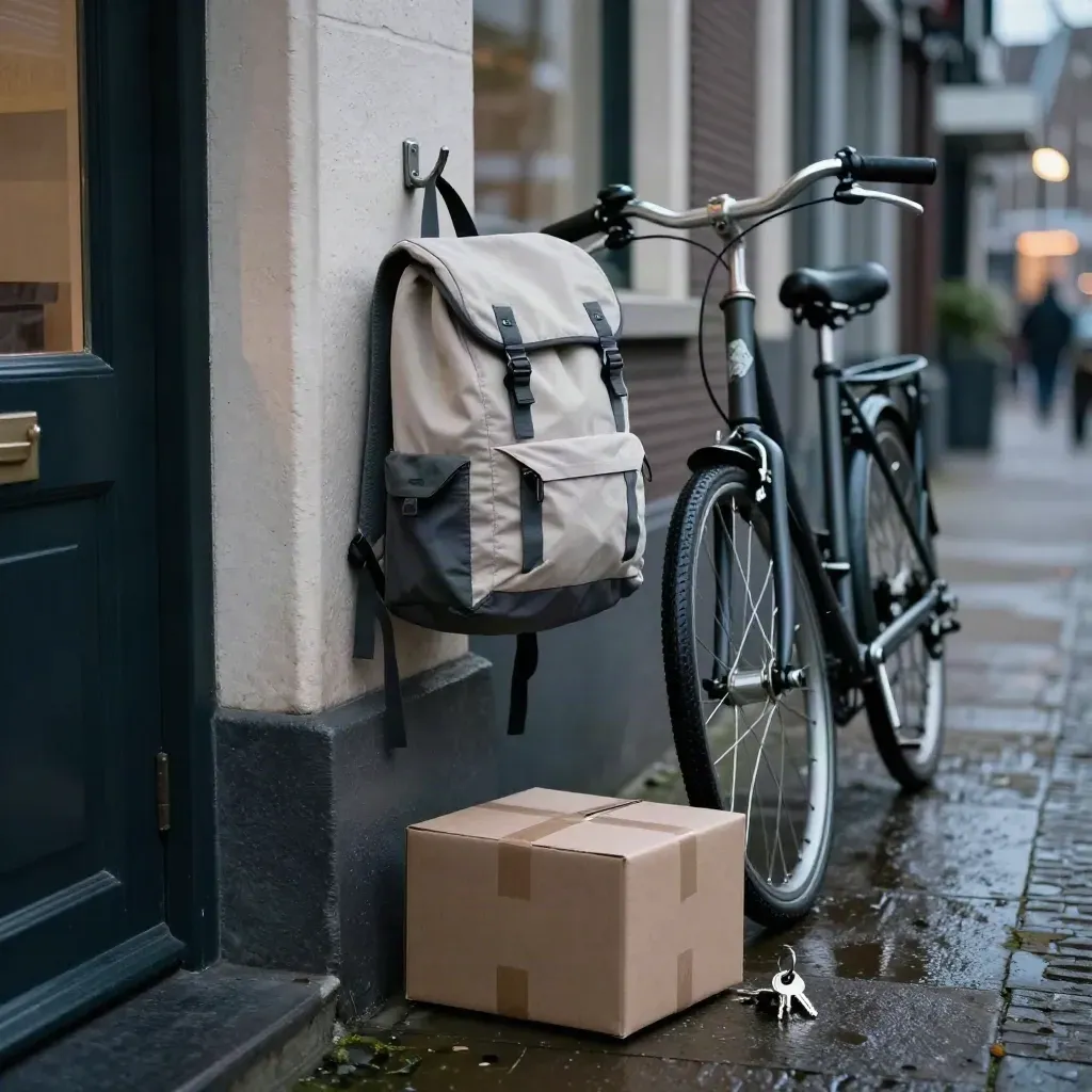 Portiek met rugzak, fiets, pakketdoos en sleutels in nat avondlicht.