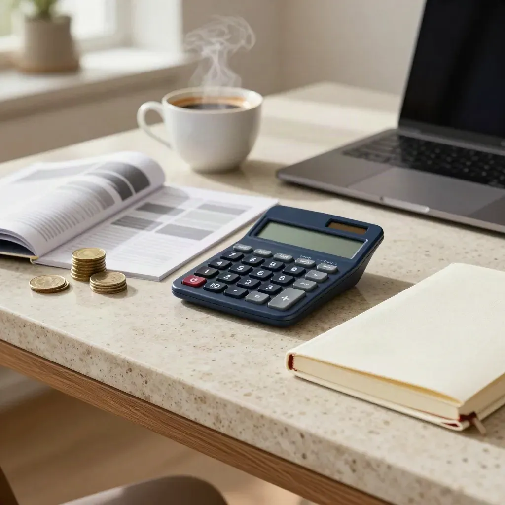 Werkblad met calculator, muntstapels, notitieboek, koffiekop en gesloten laptop in warm daglicht