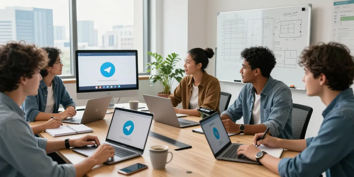 Engaged team using Telegram Web Version in a modern workspace, showcasing collaboration and productivity.