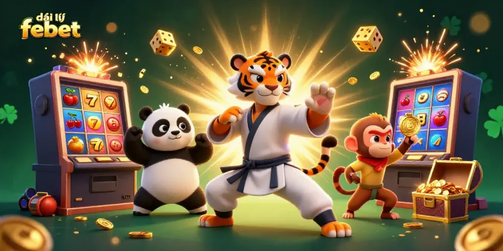 Experience the excitement of đại lý febet with a vibrant 3D casino scene filled with a kung fu tiger master, panda disciple, and mischievous monkey.