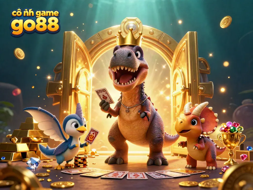 Experience vibrant gameplay with cổng game go88 featuring lively cartoon dinosaurs and dazzling treasures in a dynamic casino scene.