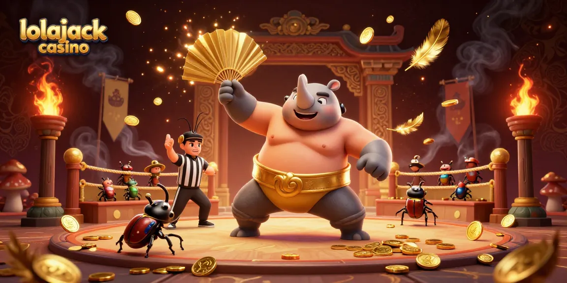 Lolajack Casino showcases a dynamic 3D scene with a beetle sumo champion and falling coins.