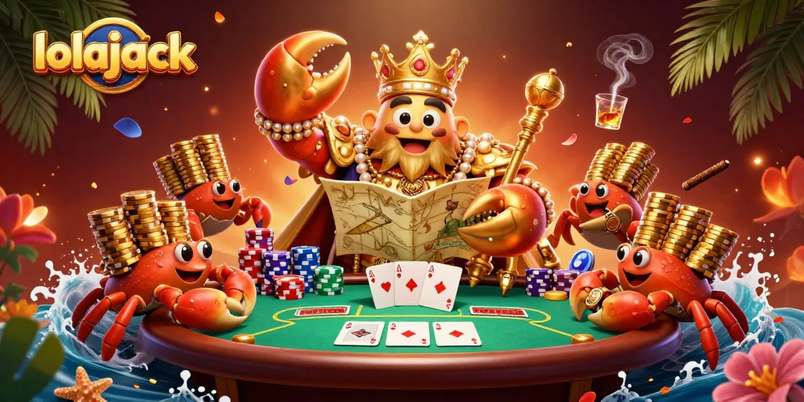 Experience thrilling gaming at lolajack with a vibrant casino scene featuring a golden crab emperor among poker elements.