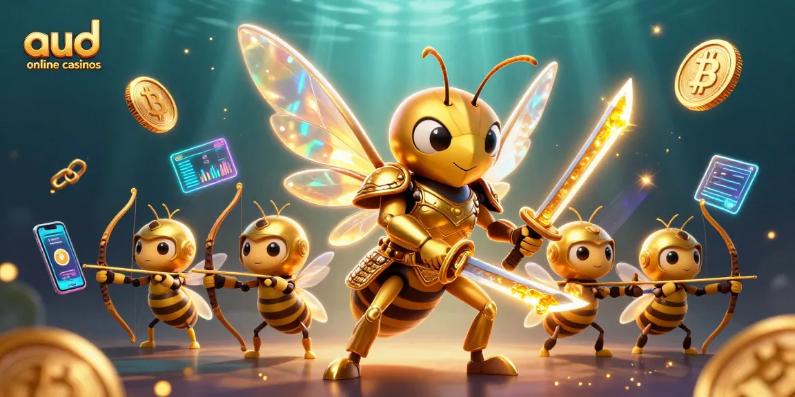 Engage with aud online casinos through this vibrant 3D illustration of a golden hornet samurai and bee archers.