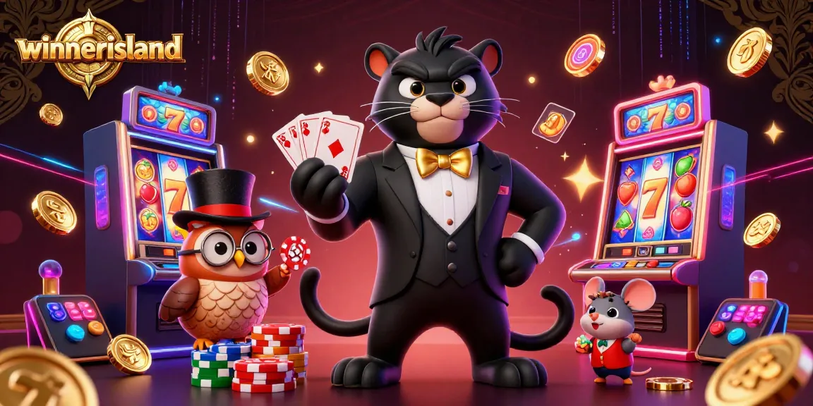 Experience the thrills of gaming at winnerisland with a glamorous 3D casino scene showcasing stylish characters and vibrant slot machines.