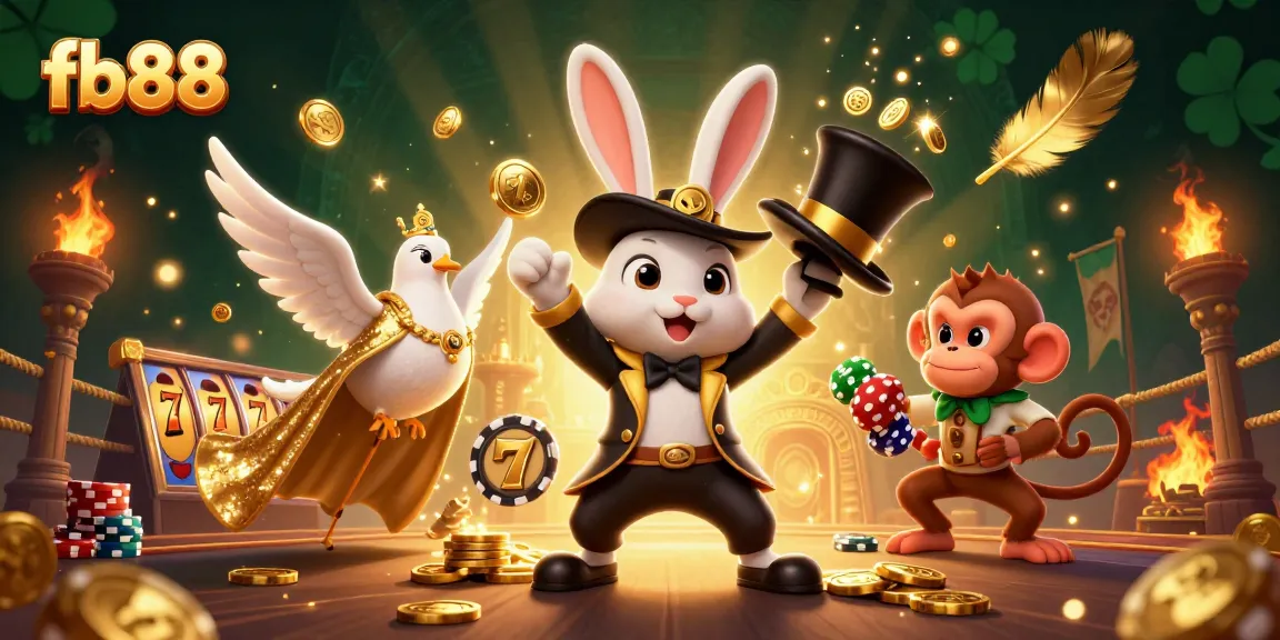 Experience thrilling gaming action at fb88 with a dynamic 3D scene featuring a magician rabbit, dove, and monkey.